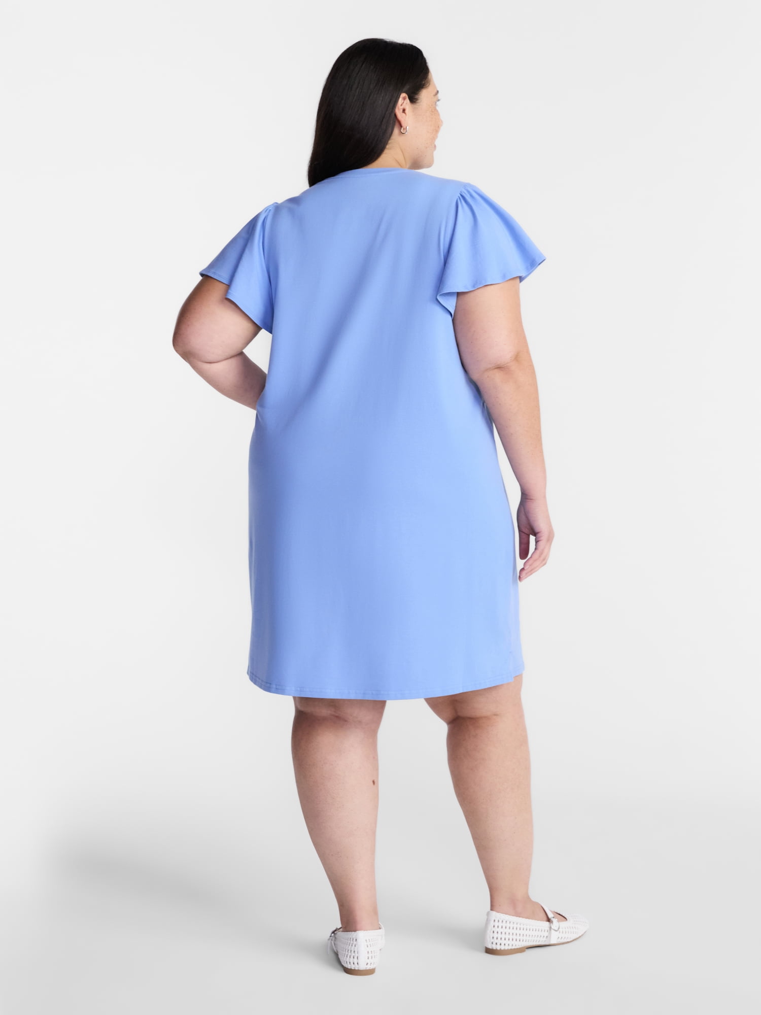 Terra & Sky Women’s Plus V Neck Mini Dress with Short Flutter Sleeves, Sizes 0X-5X