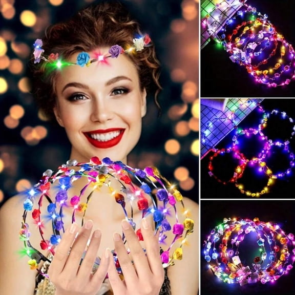 30PCS Multicolor LED Light-Up Flower Headbands - Blingbling Boho Polyester Sparkly Hair Accessories for Christmas, Halloween, New Year, Birthdays, Music Festivals & Parties