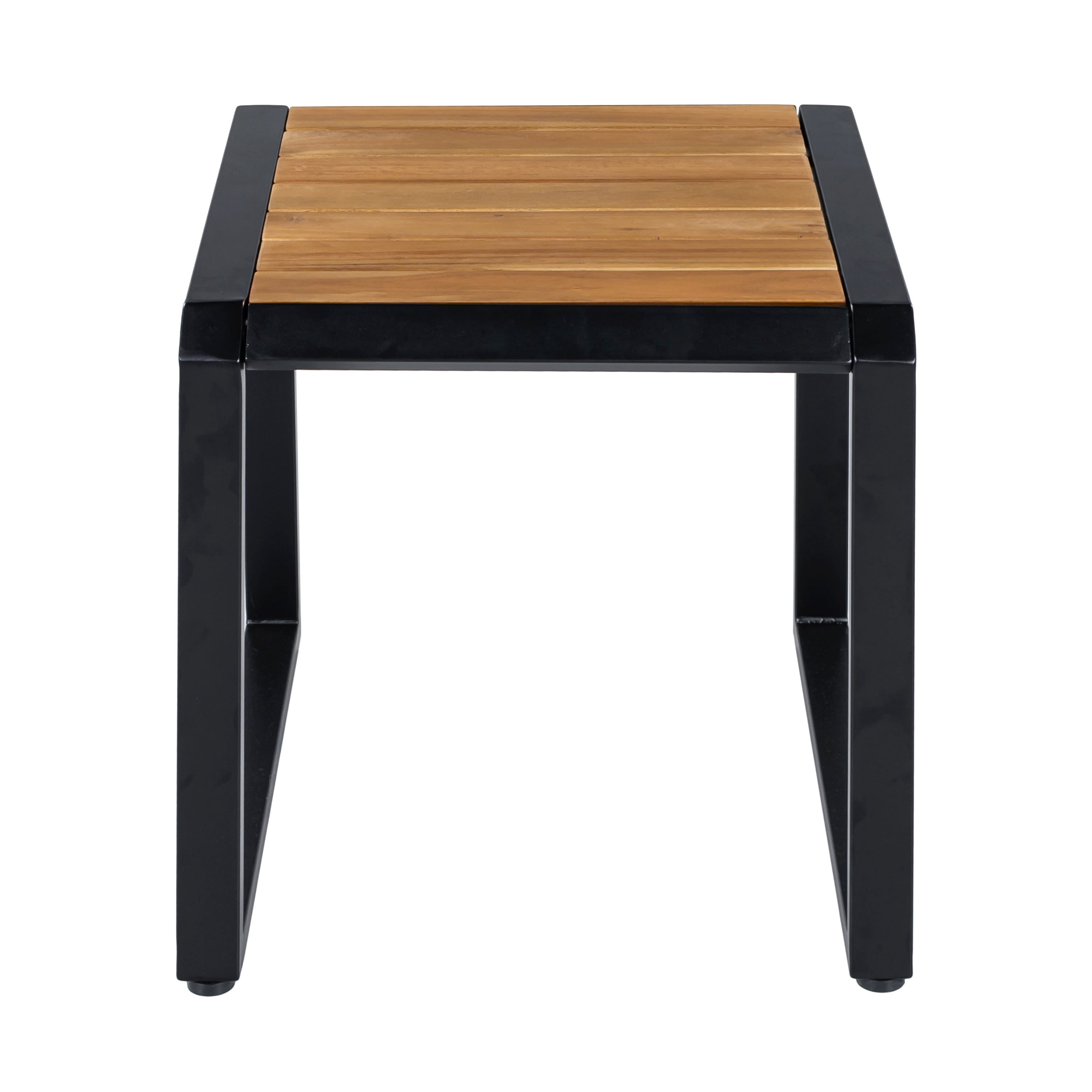 Outdoor Side Table 18.11 Inch, Patio Accent Table with Teak Wood Top and Black Metal Frame, Small End Table for Porch and Poolside, Black and Teak