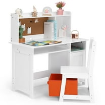 JOYLDIAS Kids Study Desk & Chair Set Wooden Toddler Writing Table w/Cabinet,Shelf,Bulletin Board,Storage Bin(White)