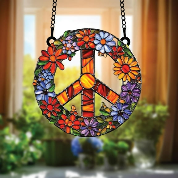 Custom Hippie Peace Sign Acrylic Suncatcher, Faux Stained Glass Flower Power Window Art, Groovy Car Ornament, 70s Hippie Gift for Her Him