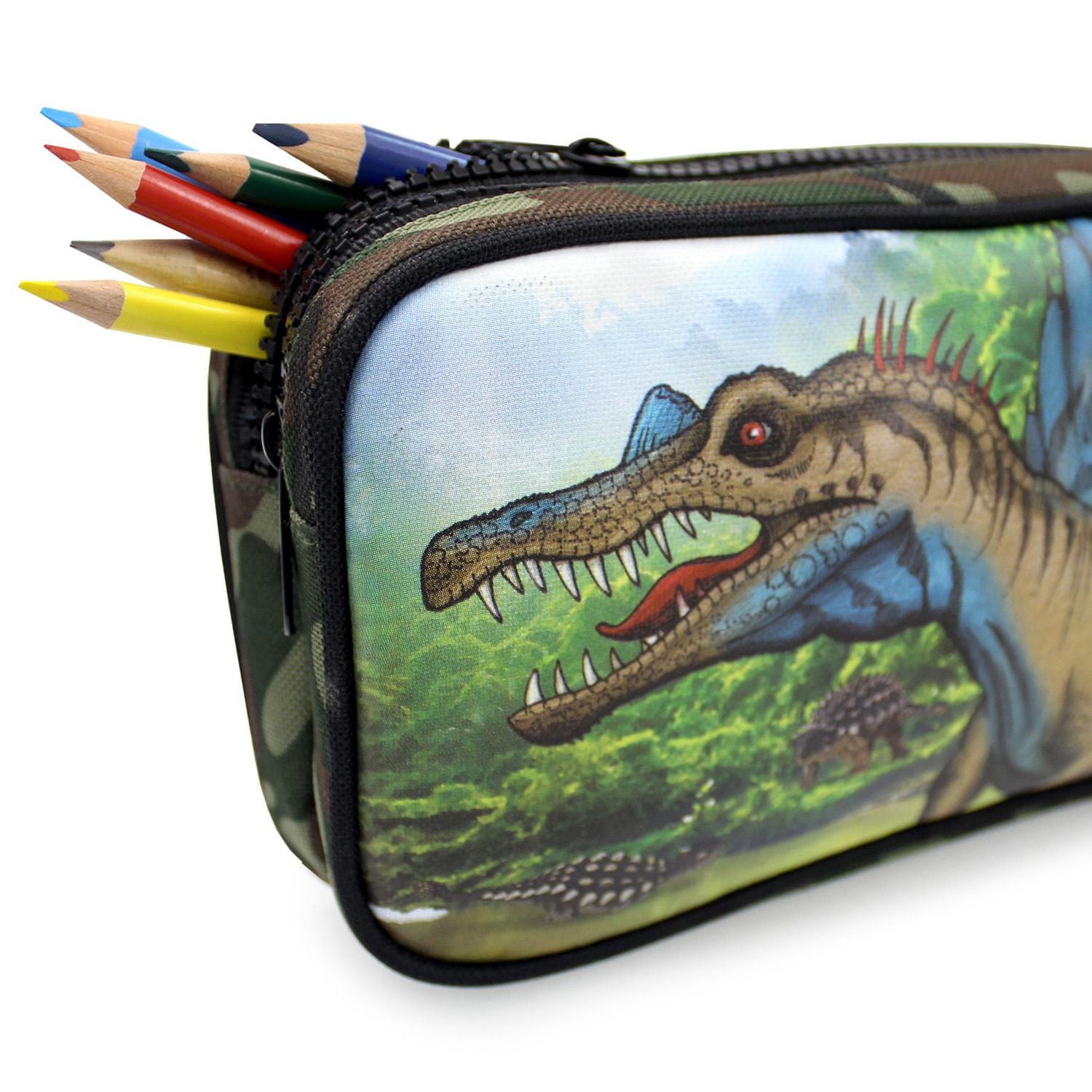 Pen+Gear Dinosaur 2 Zip Pencil Pouch with Spinosaurus and Camo Design