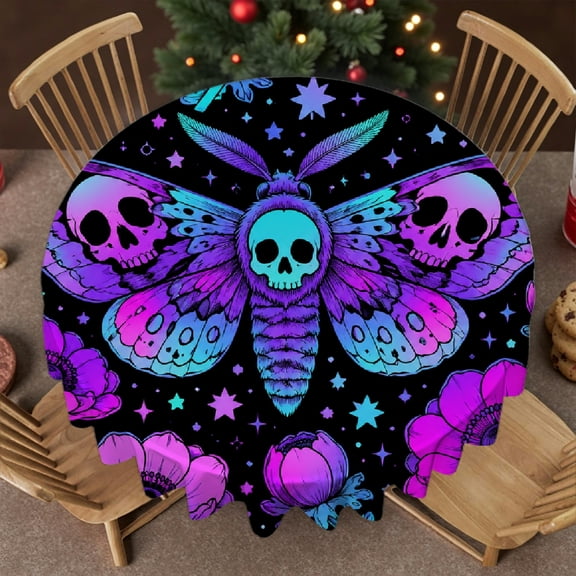 RKSupls Holographic Skull Moth Pink Black Round Tablecloth, Holiday-Themed Design - Machine-Made Soft, Wedding, Party, Home Dining