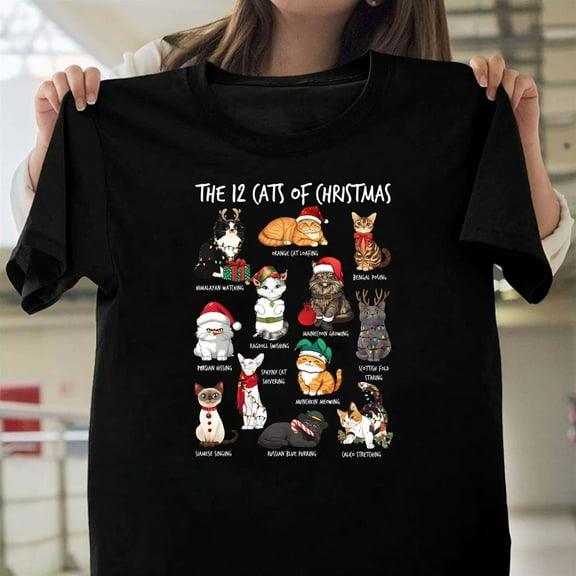 12 Cats Of Christmas Funny Graphic Unisex T-Shirt, Holiday Cat Lover Mom Gift G0538, Up to Size 5XL