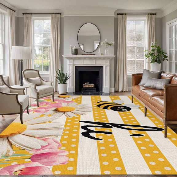 Large Area Rugs for Living Room Bedroom, Spring Bees Daisy 6'x9' Rug Washable Carpet Runner Indoor Outdoor, Rustic Tulips Dots Yellow Striped Burlap Non Slip Floor Mats Rug for Kitchen, Playroom