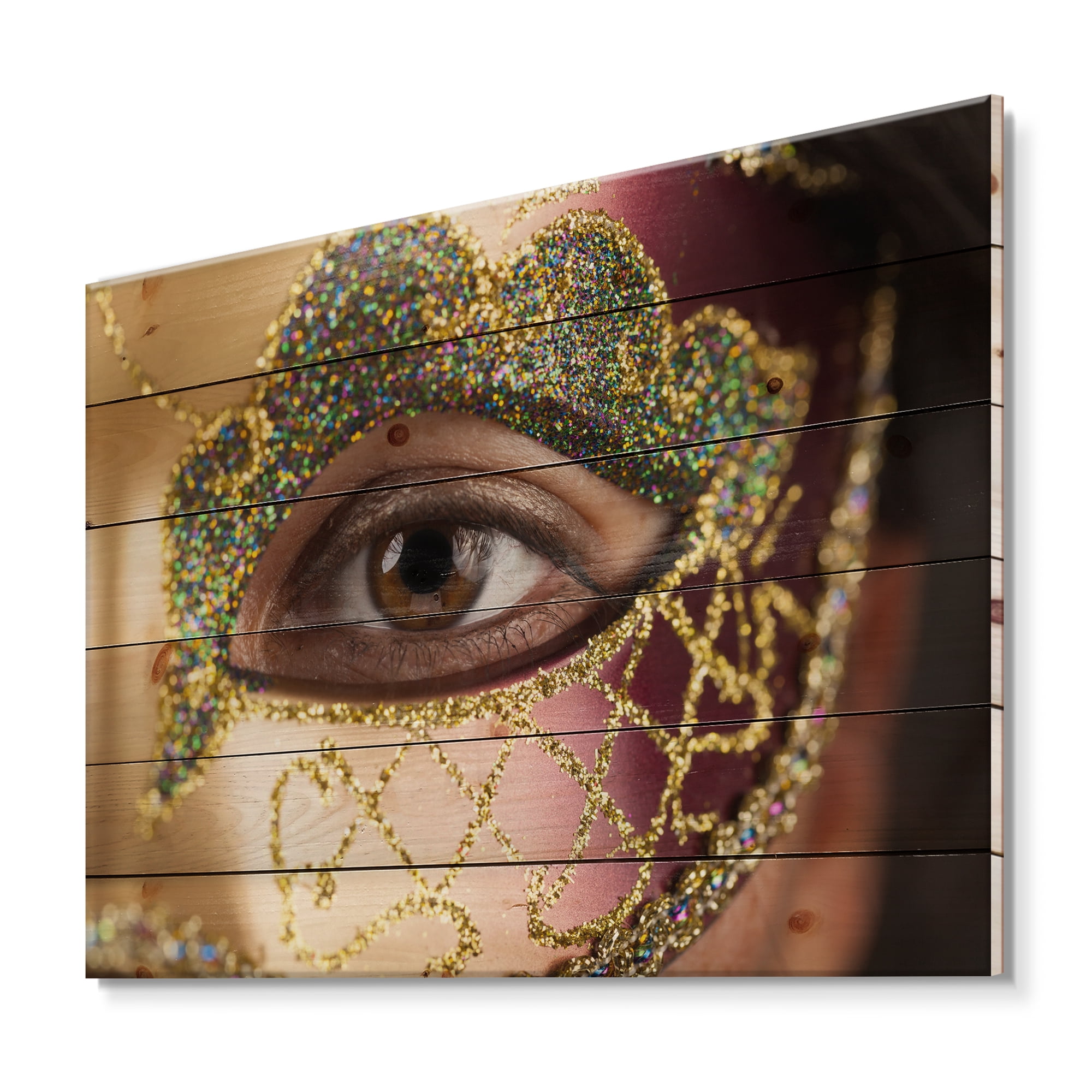 Designart 'Girl With Venetian Mask' Modern Print on Natural Pine Wood