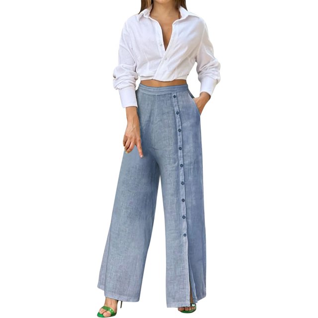 Conjunto de camisa y pantalones holgados de mujer, de color liso, dos piezas, corte holgado, poliéster-spandex, tallas S-XXL