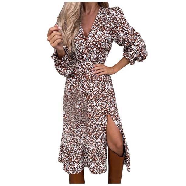 Vestidos Para Mujer Vestido de Manga Larga Casual de Moda Botón Dividido Dobladillo Con Volantes Cuello en V Media Pantorrilla Odeerbi ODB171989