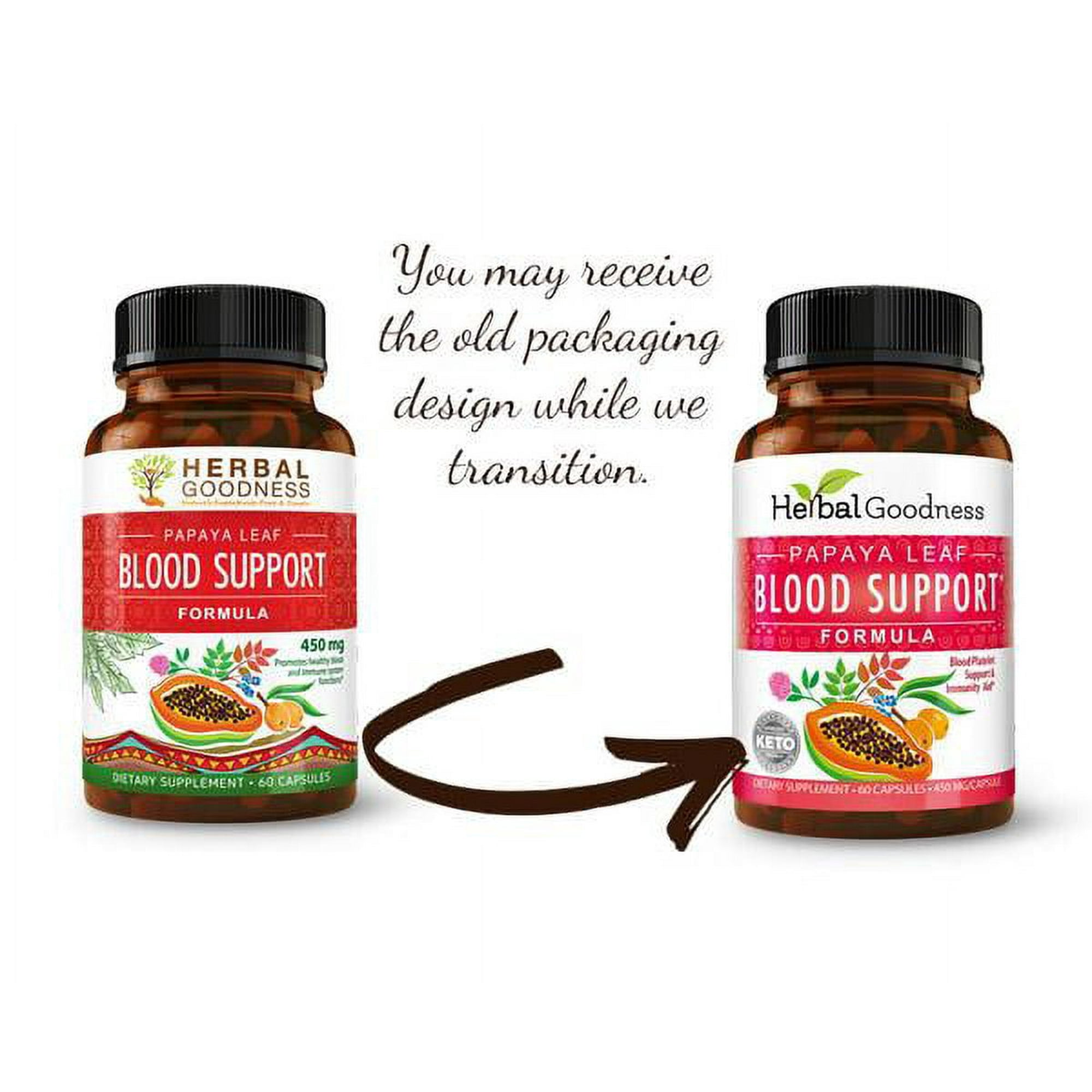 Papaya Leaf Blood Support Formula, Blood Platelet Cleanse and Detox, Digestive Enzymes, Bone Marrow Support, 60/450mg Capsules, Herbal Goodness