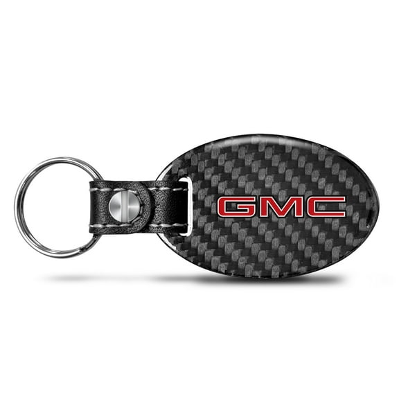 iPick Image for GMC in Red Black Real Carbon Fiber Oval Shape with Black Leather Strap Key Chain, Official Licensed