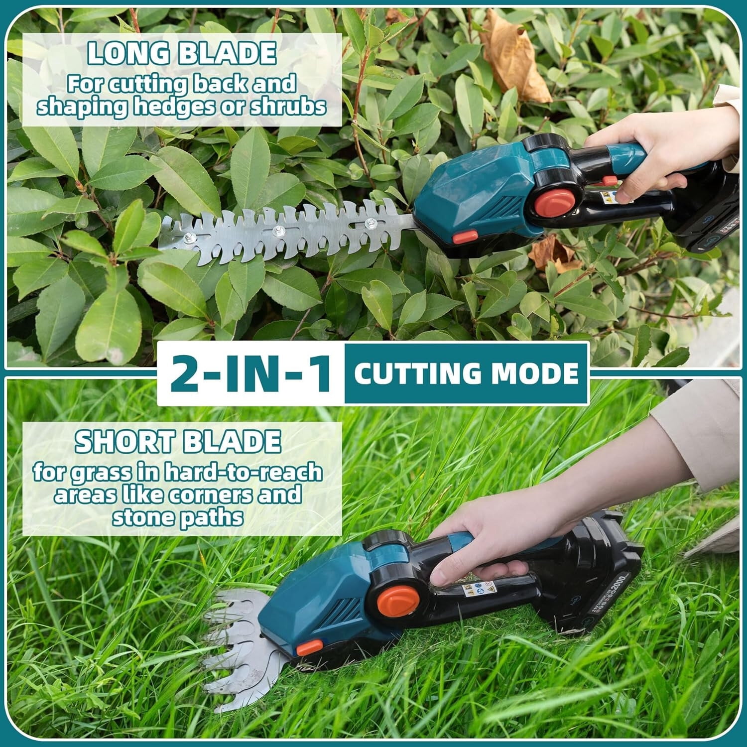 Cordless Hedge Trimmer 2-in-1 Handheld Grass Shear 2PCS 21V Rechargeable Battery