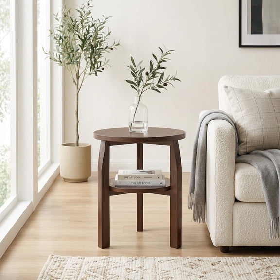 Solid Rubberwood Round End Table with 2-Tier Storage Shelf - Walnut Finish