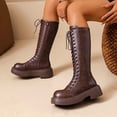 thumbnail image 5 of hopeusnice Round Toe Lace Up Side Zipper Knee High Boots Women Leather Boots for Street Style Brown 39, 5 of 7