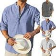 thumbnail image 4 of Mens Retro Collarless Grandad Striped Shirts Tops Causal Hippy Button Loose Tee, 4 of 5