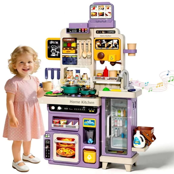 Caunedy Kids Kitchen Playset with Sound & Light-Cooking Stove with Steam,Touchscreen Ordering Tablet,Play Sink and Toy Kitchen Accessories,Pretend Play Toys for Kids Toddler Birthday Gifts Ages 3-12