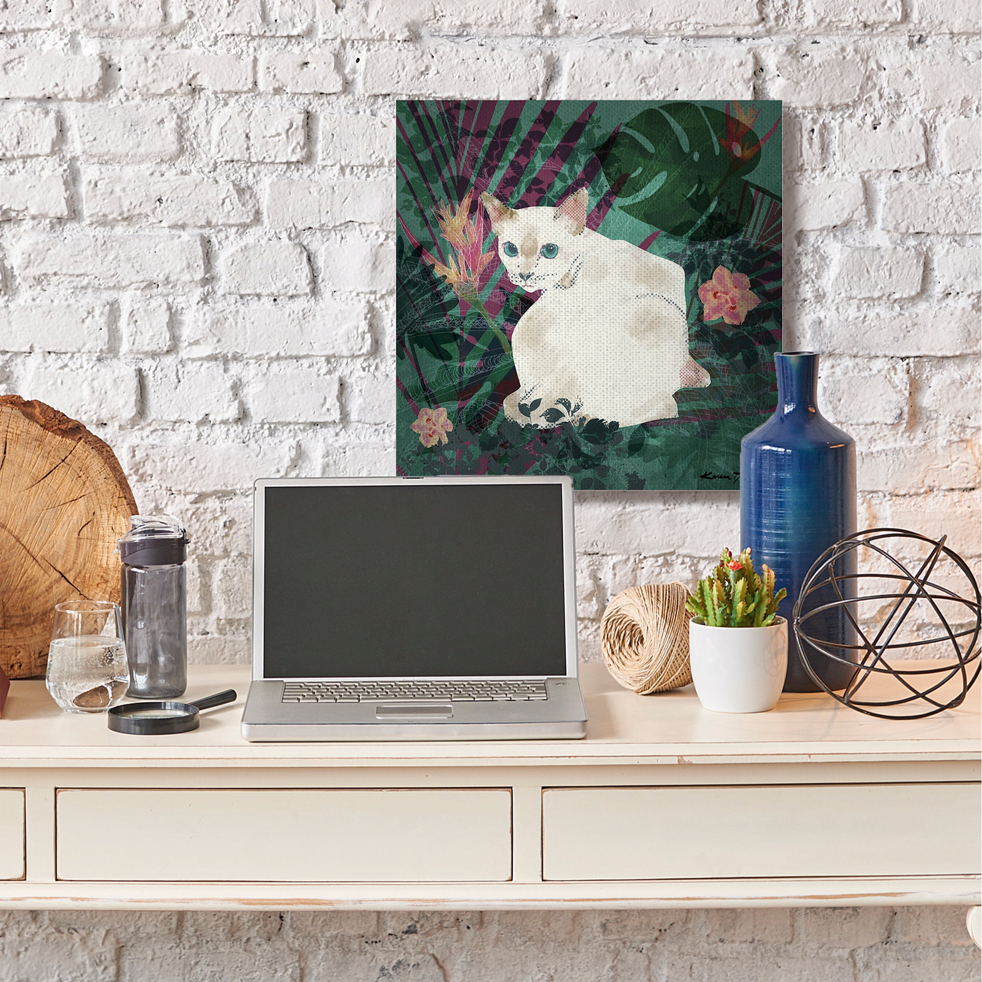 Stupell Home Décor White Cat Flower Collage Green Design Canvas Wall Art by Karen Dreyfus