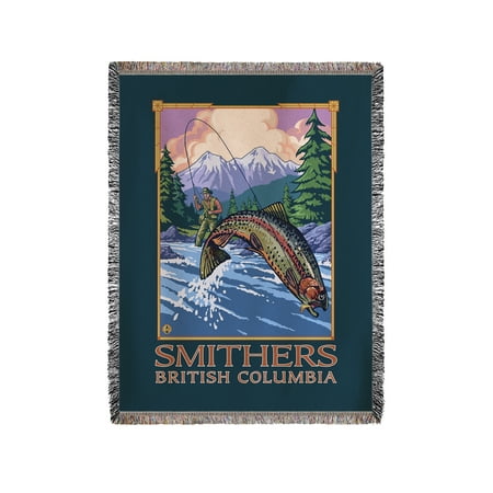 Smithers, BC - Angler Fly Fishing Scene (Leaping Trout) - Lantern Press Original Poster (60x80 Woven Chenille Yarn