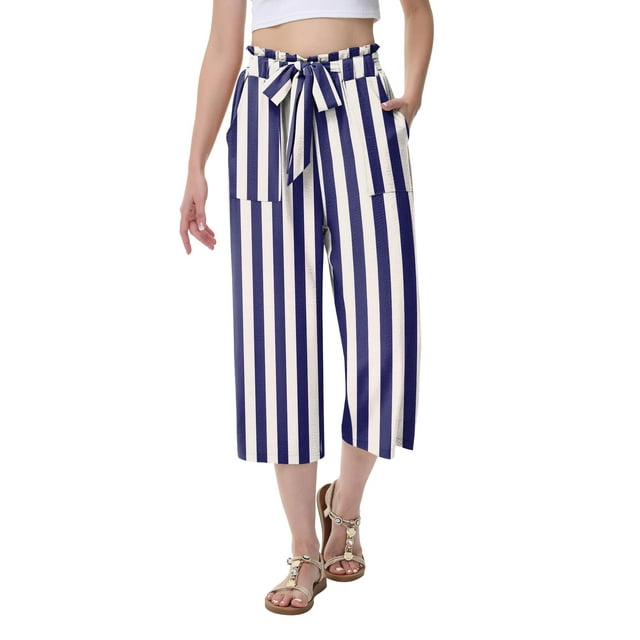 Pantalones capri FreshNight de pierna ancha para mujer, blanco y azul a rayas