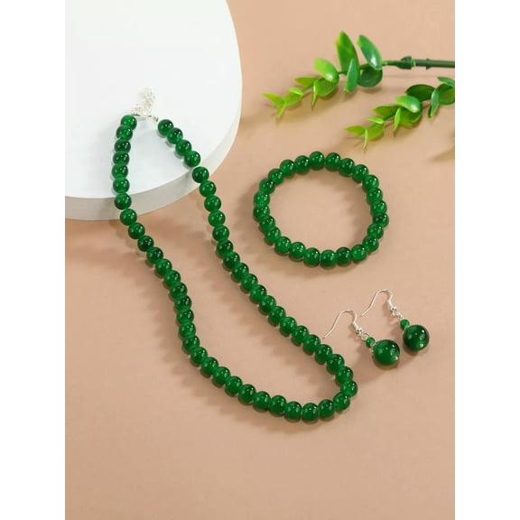 QQTDFG 4pcs Beautiful Green Bead Decor Jewelry Set Beaded Necklace Bracelet Earrings-default