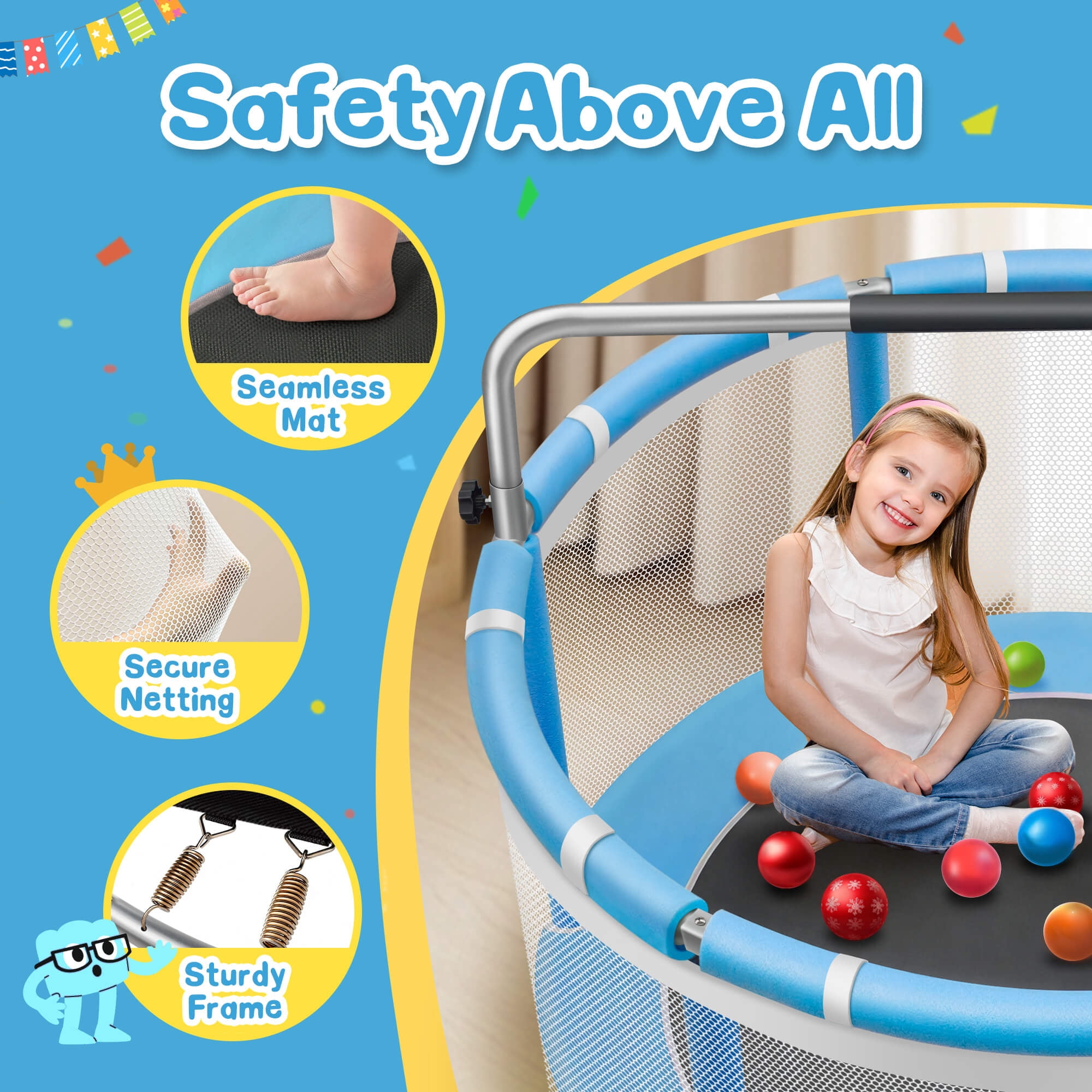 SERAY 55-65" Kids Trampoline with Safety Enclosure & Mini Balls, Indoor/Outdoor Fun for Toddlers, Durable, Quiet, and Safe Bouncing Toy for Boys and Girls