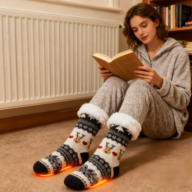 ERK Chaussettes Chauffantes USB avec 5 Réglages de Styles, Lavables à la Machine, Chaussettes de Sol pour Usage Intérieur à la Maison, Idée d'Hiver Douillette