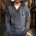 thumbnail image 3 of ZCFZJW Corduroy Hoodie Sweaters for Men Vintage Long Sleeve Casual 1/4 Button V Neck Drawstring Hooded Pullover Sweatshirts Loose Regular Fit Comfy Hooded Outwear Tops with Elbow Patches Navy XL, 3 of 8