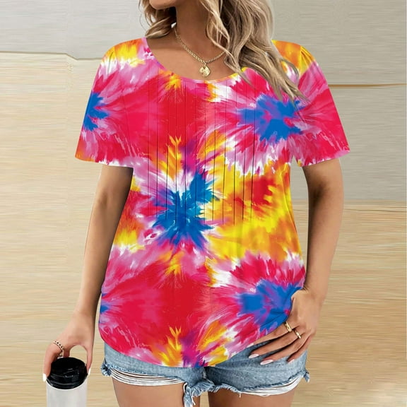 Ayolanni Plus Size Womens Clothing Prime Short Sleeve Tie Dye Pink T-Shirts Ladies Tops L