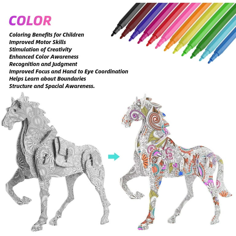 3d Coloring Puzzle Set, 4 Animals Painting Puzzles With 12 Pen Markers,  Creativity Diy Gift For Boys Girls Age 8-12 Years Old Kids