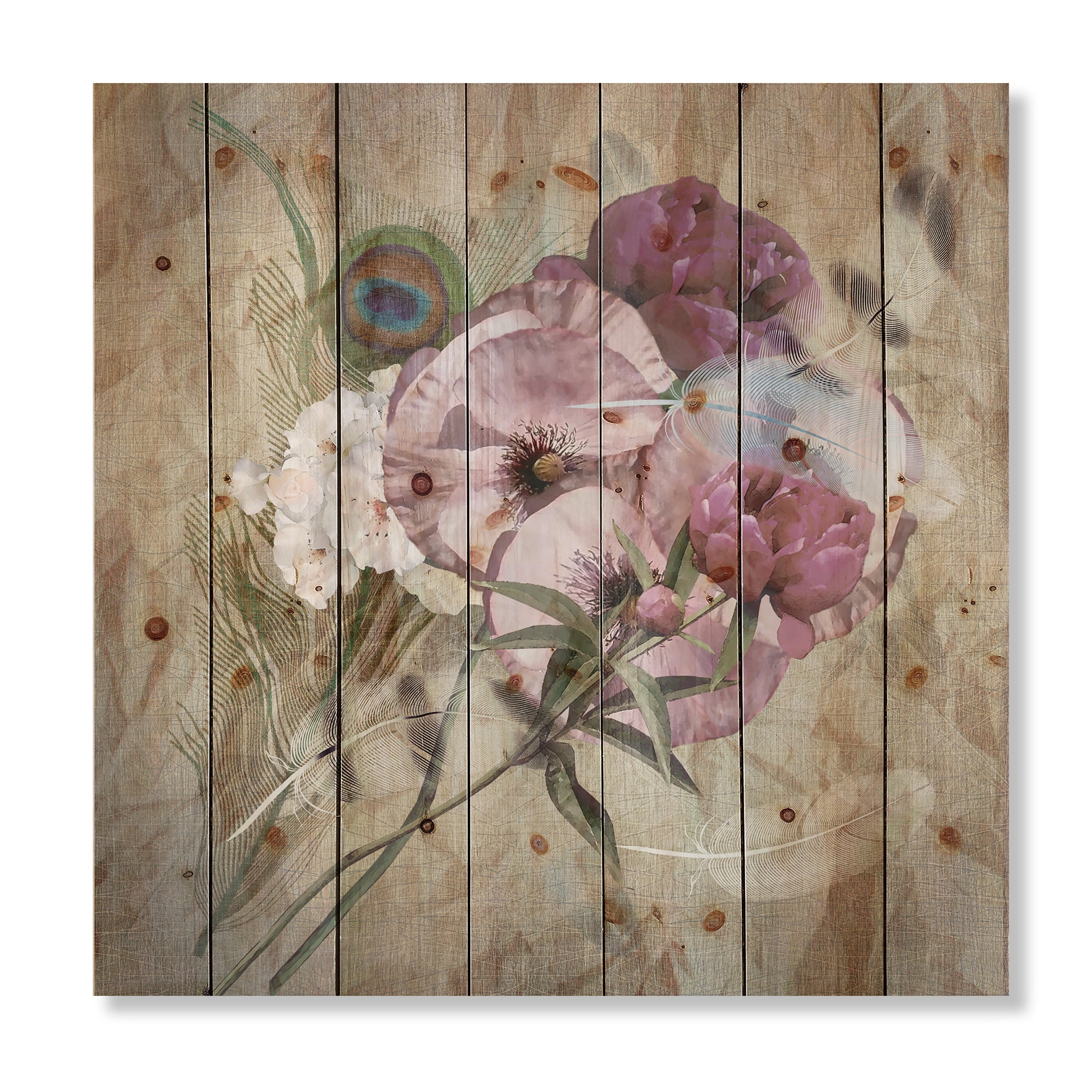 Designart 'Iris Bouquet Floral Design With Peacock Feather' Traditional Print on Natural Pine Wood