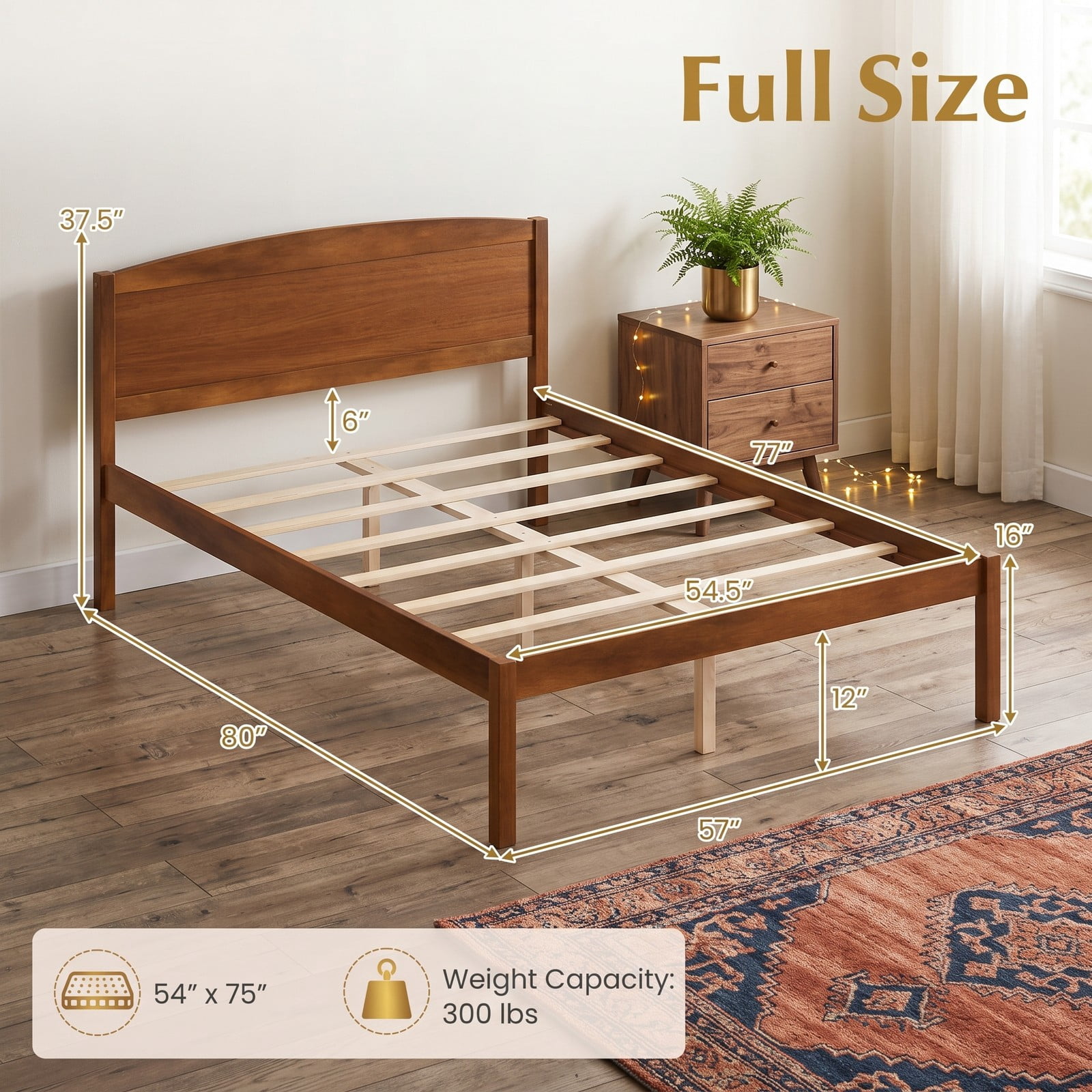 Furnibear Full Size Bed Frame with Curved Arched Headboard, Wood Platform Bed Frame with 8 Slats for Bedroom and Guest Room, Walnut
