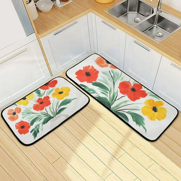Red and Yellow Floral Watercolor Kitchen Mat Set of 2 Cushioned Non Slip Rugs for Bedroom Floor Runner Mats