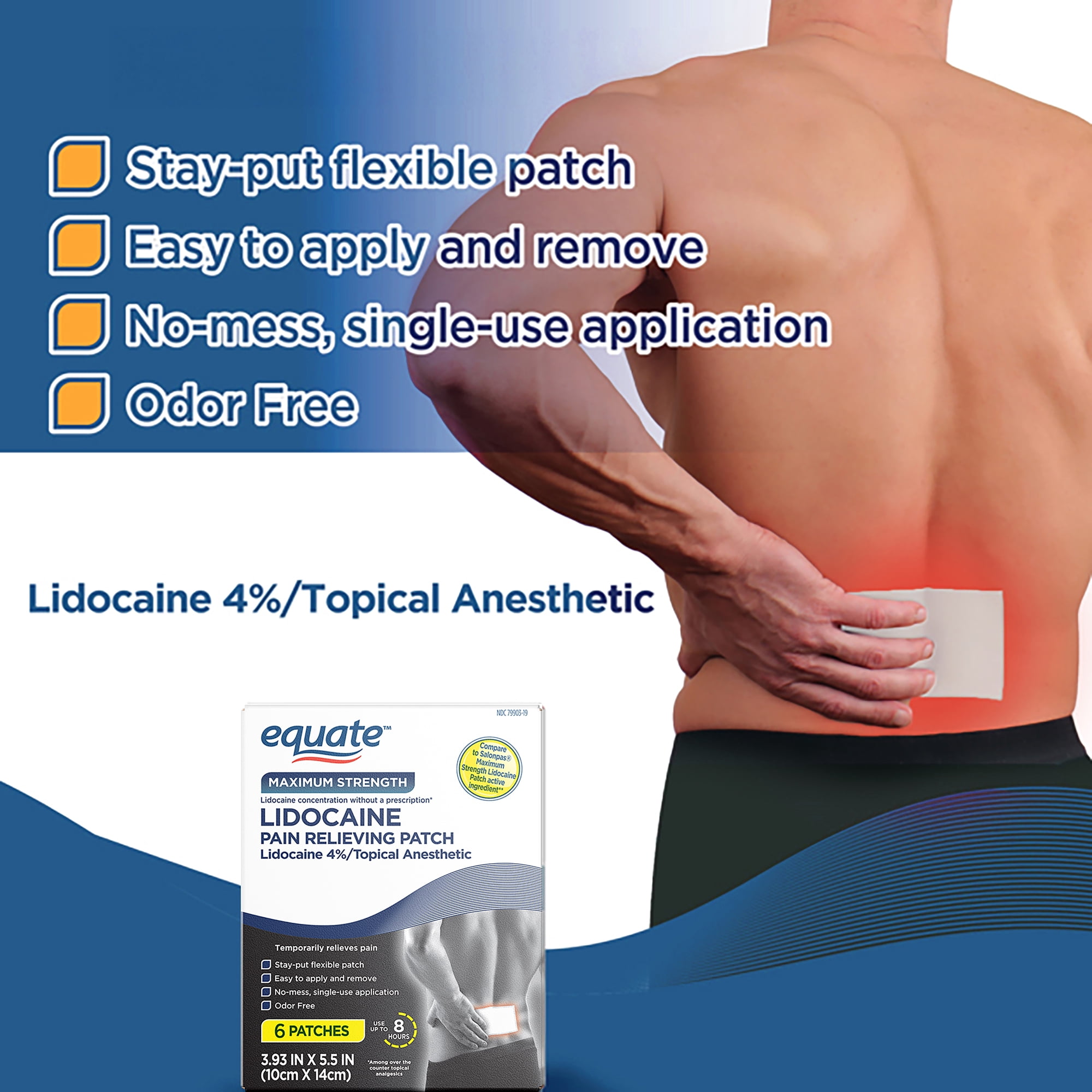 Equate Lidocaine Pain Relieving Patch 4% Lidocaine, 6 Count, Compare to Salonpas® Lidocaine Patch Active Ingredient