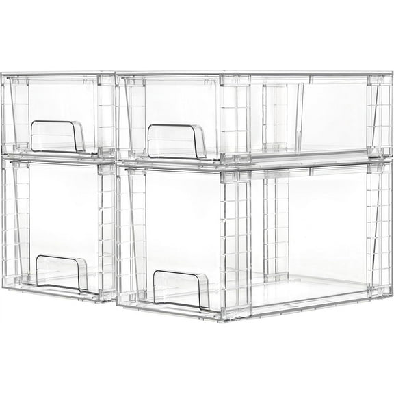 4 Pack Clear Stackable Storage Drawers,Easy to Assemble Bathroom Organizers and Storage with handles,Plastic Drawers for Kitchen Pantry,Cabinet,Under Sink Organization