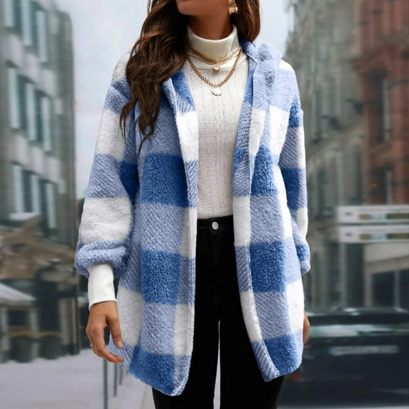 Fshiont Womens Fuzzy Fleece Jacket Fall Winter Faux Fur Coat Sherpa Jacket Open Front Cardigan Outerwear Blue S