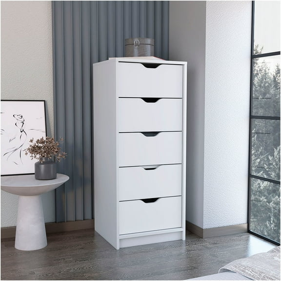 JERFIT 5-Drawer Slim Dresser, 42 Inch Tall Chest of Drawers, White Compact Storage Cabinet for Bedroom, Closet, Nursery, Apartment