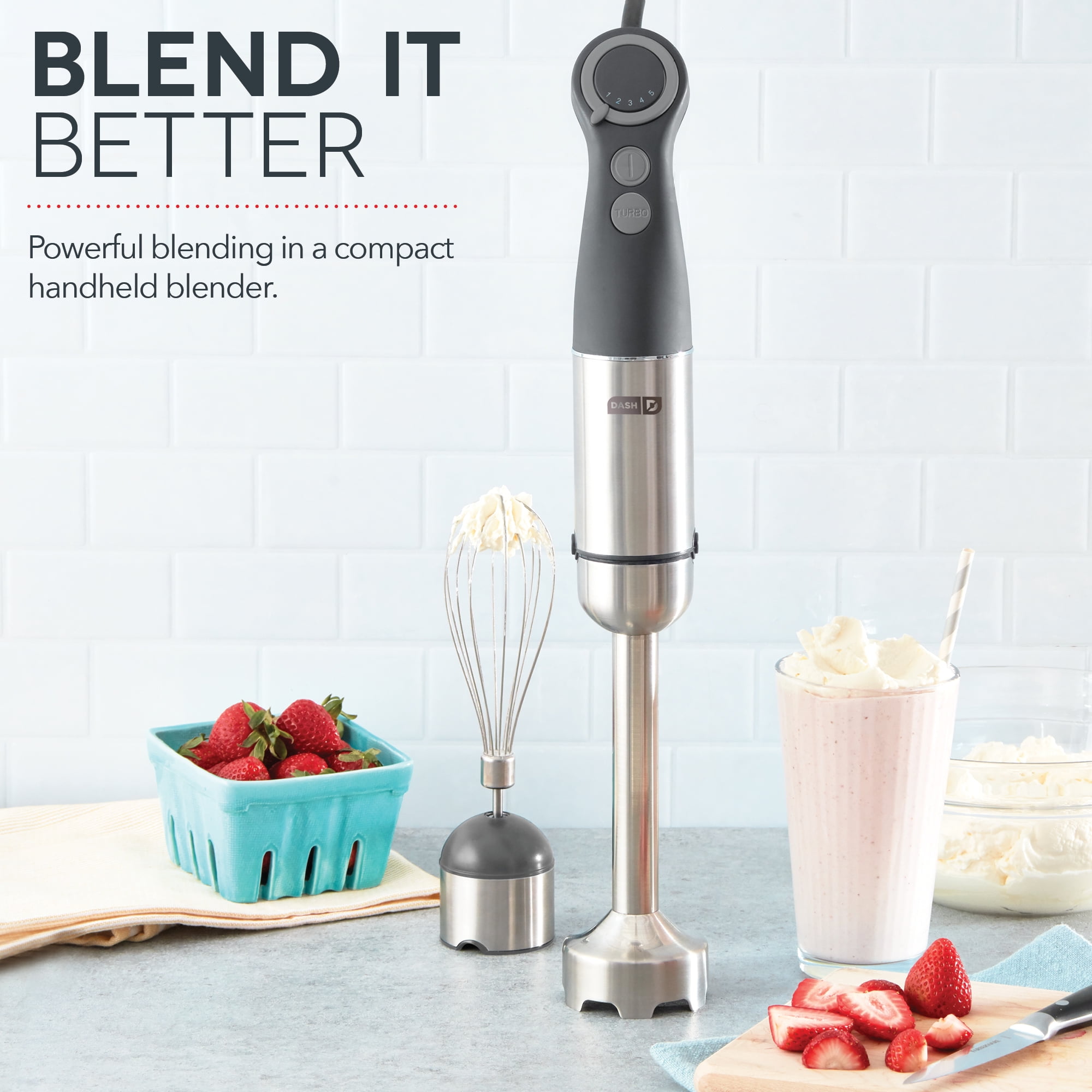 Dash Chef Series Immersion 5 Speed Stick Blender - Stainless Steel Blades -Whisk Attachment, Grey