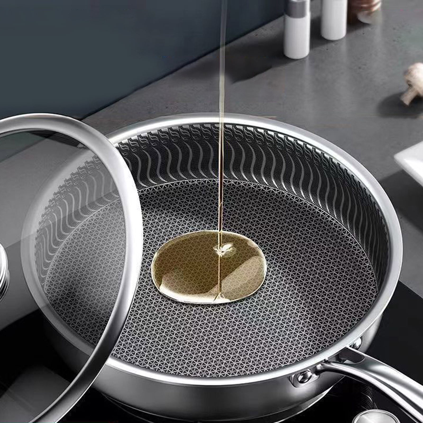 WEIOUKC Non Stick Frying Pan Skillet with Lid,Full Body,Double-Sided Honeycomb Skillet,Durable Skillet for Home & Outdoor Cooking, Easy Clean Egg Steak Pan