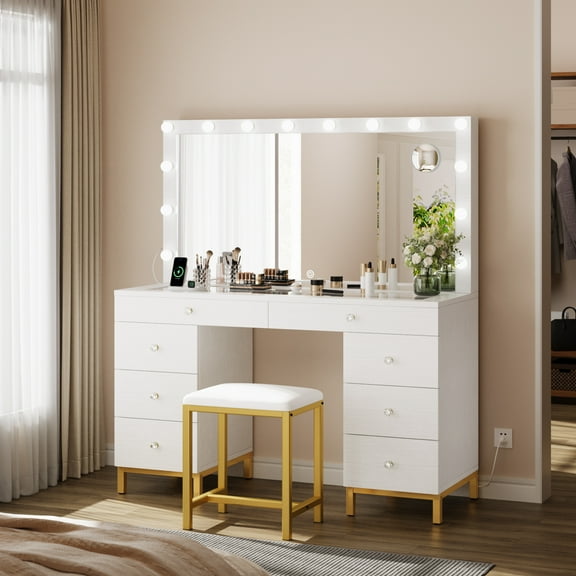 Uforic 8-Drawer Makeup Vanity Desk with Stool and Hollywood LED Mirror, White