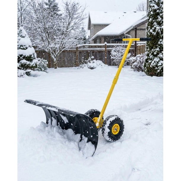 Yeshouse Pala quitanieves resistente con ruedas, cuchilla de acero ajustable, empujador manual ideal para limpiar nieve en entradas de vehículos y aceras sin dañar la espalda