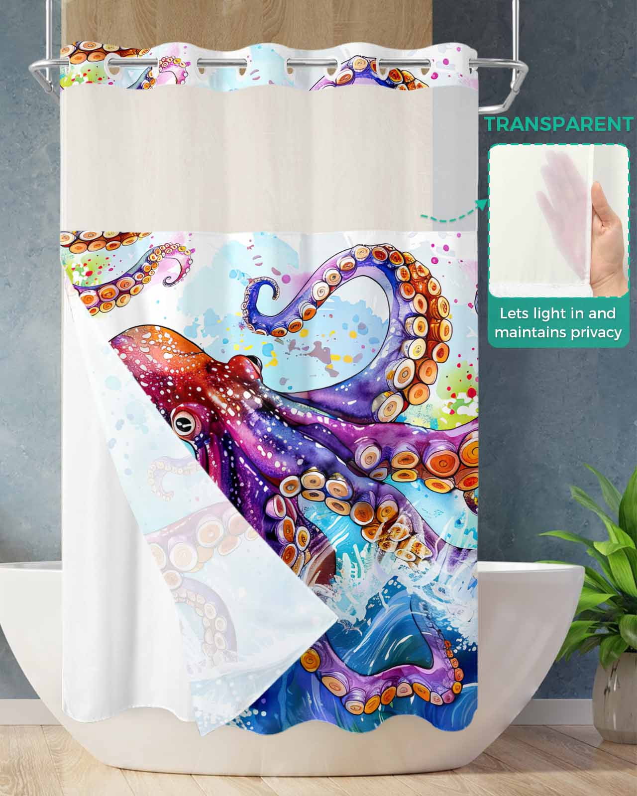 No Hook Shower Curtain with Snap in Liner, Watercolor Summer Ocean Octopus with Ocean Wave Hotel Shower Curtains for Bathroom, Washable Shower Curtain Liner Set with Mesh Top Window, 36"x72"