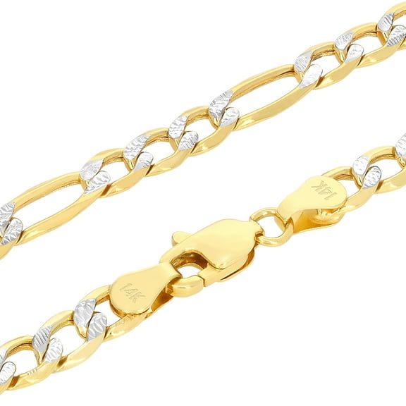 Nuragold 14k Real Yellow Gold Figaro Link 5.5mm Diamond Cut Two Tone Pave Chain Necklace (16"-30") Italian Jewelry for Men & Women