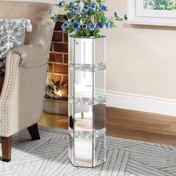 27.95" Tall Crushed Diamond Floor Vase, Silver Large Vases for Decor Living Room, Crystal Mirrored Home Decor Vases for Dried Flower