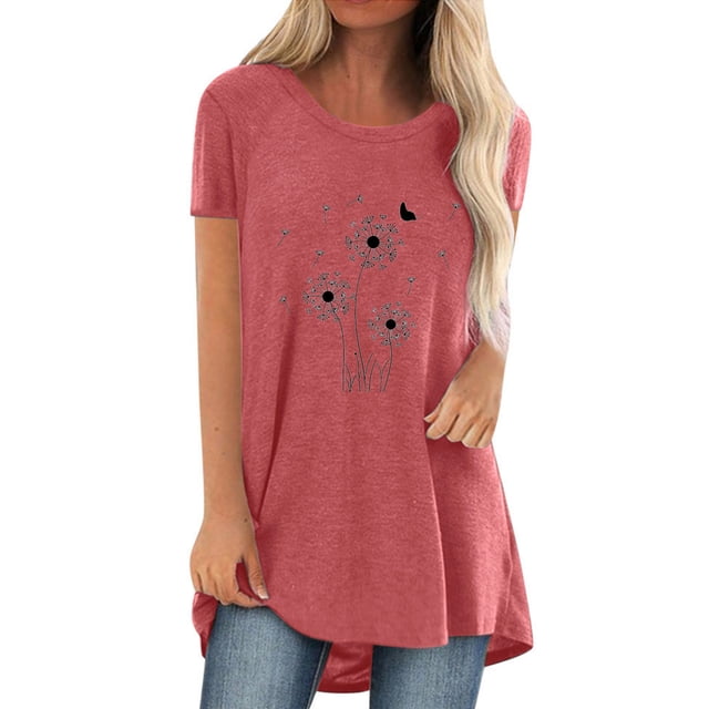 Hauts d'Été pour Femmes 2023 Mode Femmes T-Shirt Imprimé Col Rond Manches Courtes Tee Décontracté Blouse