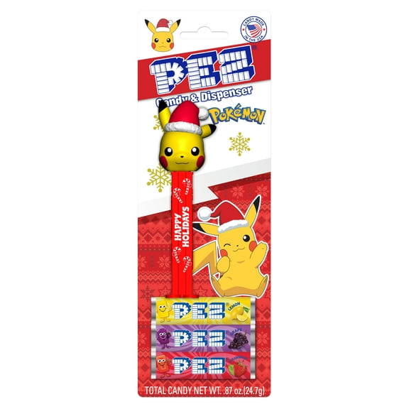 PEZ Candy Christmas Pikachu with Red Santa Hat, 1 Candy Dispenser Plus 3 Rolls Assorted Candy, 1 Count, 0.87 oz