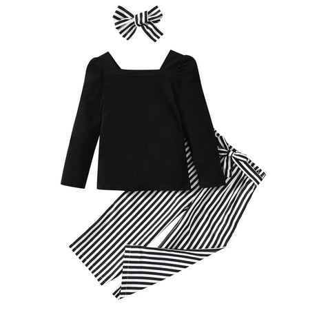 

Kids Toddler Baby Girls Long Sleeve Solid T-Shirt Tops Striped Trousers Pants With Headbands Outfit Set 3PCS