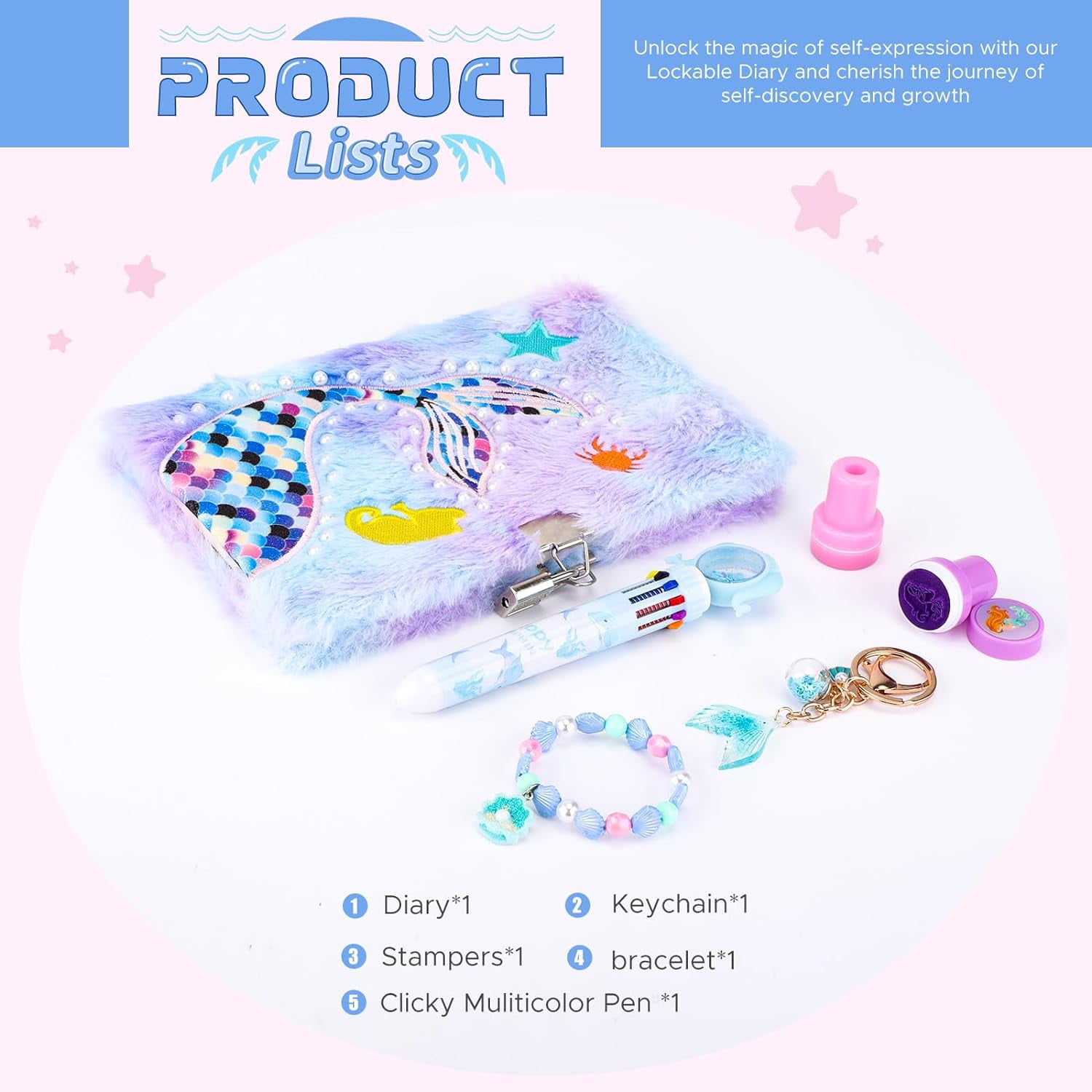 JYPS Mermaid Diary with Lock and Keys,Tie-Dye Fuzzy Journal with 160 Lined Pages,Fluffy Secret Notebook for Writing and Drawing,Purple
