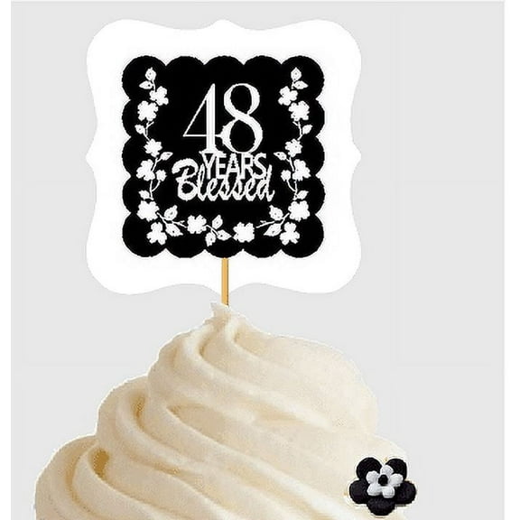 48th Birthday / Anniversary Blessed Cupcake Decoration Toppers Picks -12ct