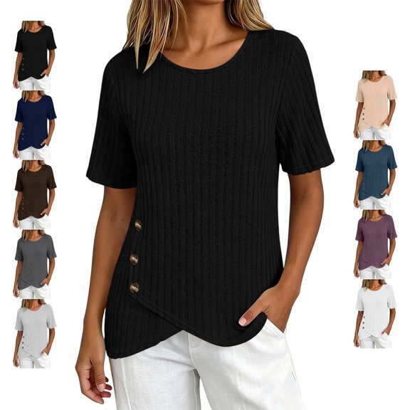 TGSLY Women's Ribbed Knit Tops Lightweight Soft Crew Neck Short Sleeve Shirts Dressy Casual Solid Color Asymmetric Wrap Hem Tunic Blouses XXL