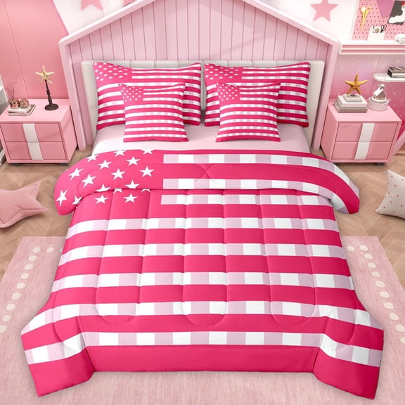 Homewish Modern American Flag Twin Bedding Sets 7-Piece for Kids, Cartoon Stars Print Bedding Comforter Set, Hot Pink Abstract Reversible Sheet Sets, Super Cozy Room Decor