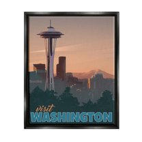 Stupell Industries Visit Washington Urban Metropolis Space Needle Landmark Graphic Art Jet Black Floating Framed Canvas Print Wall Art, Design by David Owens Illustration